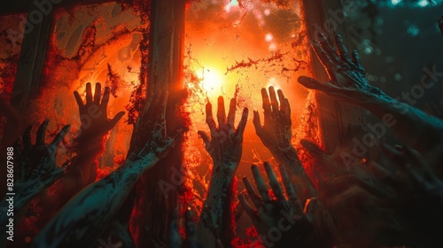 Hands reaching out as if trapped behind a misty red-lit window create a cinematic and haunting visual that could depict fear or a dramatic scene