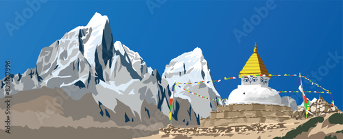 Buddhist stupa with prayer flags and mounts Cholatse and Tabuche peak, the way to Mount Everest base camp, Nepal Himalayas mountains vectors illustration