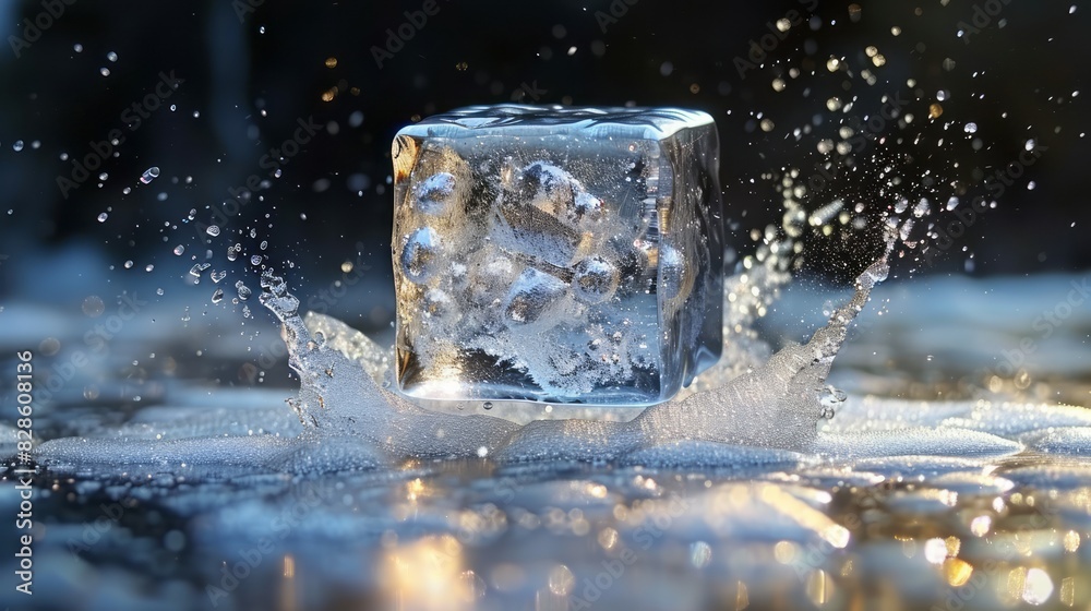 An ice cube surrounded by splashing water in motion An ice cube surrounded by splashing water in motion