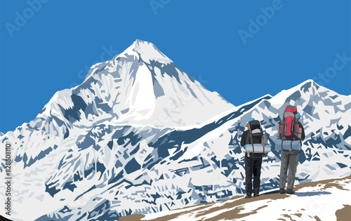 Mount Dhaulagiri peak as seen near Thorung La pass and three hikers, Mount Annapurna circuit trekking trail, vector illustration, Nepal Himalayas mountains