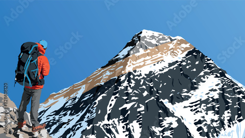mount Everest as seen from gokyo valley with hiker, vector illustration, Mt Everest 8,848 m, Khumbu valley, Nepal Himalayas mountains