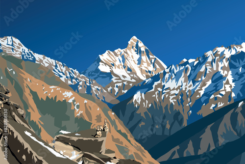 mount Nanda Devi and stone pyramid vector illustration, one of the best mounts in Indian Himalaya, seen from Joshimath Auli,  Uttarakhand, India, Indian Himalaya mountain