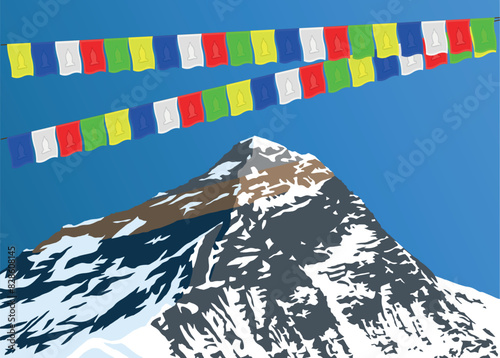 mount Everest with prayer flags as seen from gokyo, vector illustration, Mt Everest 8,848 m, Khumbu valley, Sagarmatha national park, Nepal Himalayas mountains