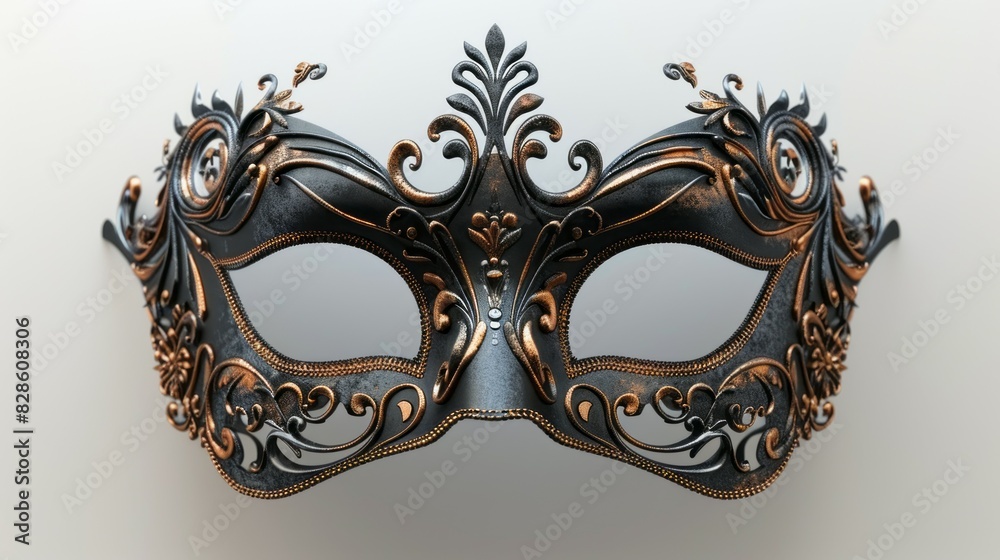 A masquerade mask stands out against a plain white background, showcasing intricate details and elegant design