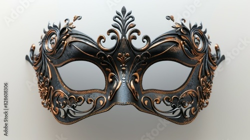 A masquerade mask stands out against a plain white background, showcasing intricate details and elegant design