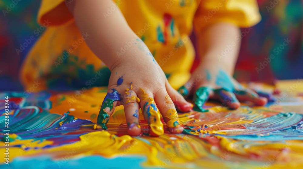 A child enjoys finger painting, creating a colorful and vibrant piece of art with their hands on a canvas. A child enjoys finger painting, creating a colorful and vibrant piece of art with their hands on a canvas.