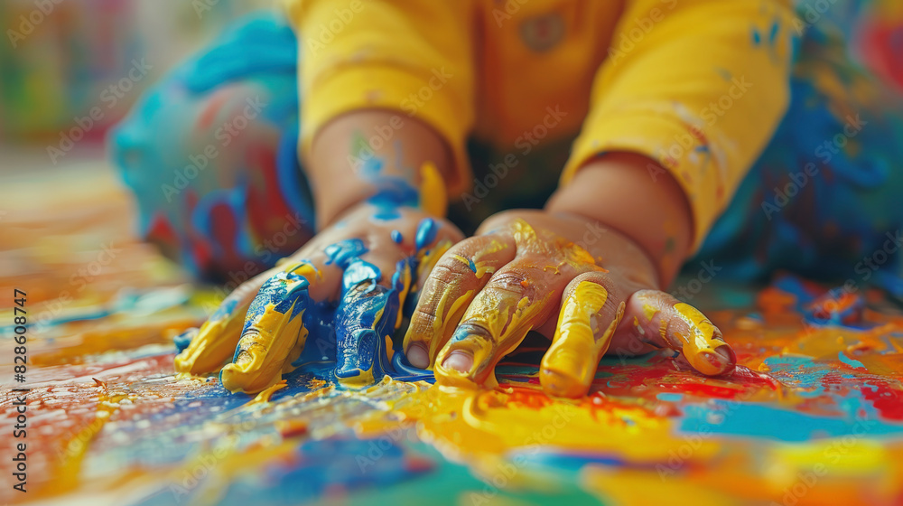 A child enthusiastically painting with their hands, covered in vibrant blue and yellow paint, creating an abstract and playful masterpiece on the floor. A child enthusiastically painting with their hands, covered in vibrant blue and yellow paint, creating an abstract and playful masterpiece on the floor.