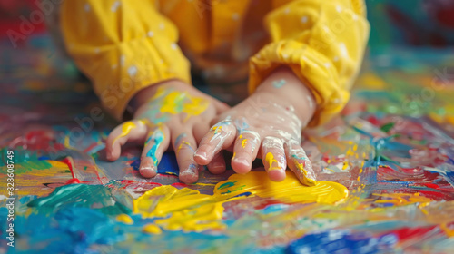 Child s hands covered in colorful paint  wearing a yellow smock  creating a vibrant and messy artwork on a canvas or table surface.