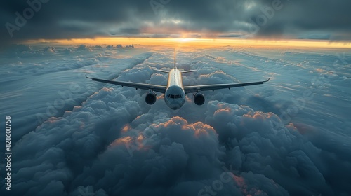 A twin-engine commercial airplane flies majestically above a cloud deck during sunset photo