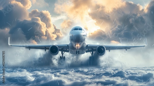 Digitally rendered image of an airplane against a stormy sky, emphasizing travel and adventure