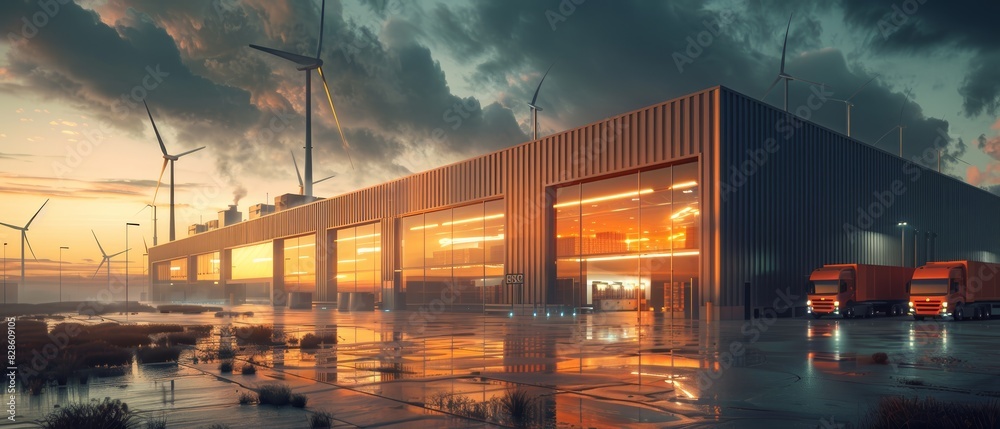 Modern building with large windows and wind turbines in the background at sunset. Modern building with large windows and wind turbines in the background at sunset.