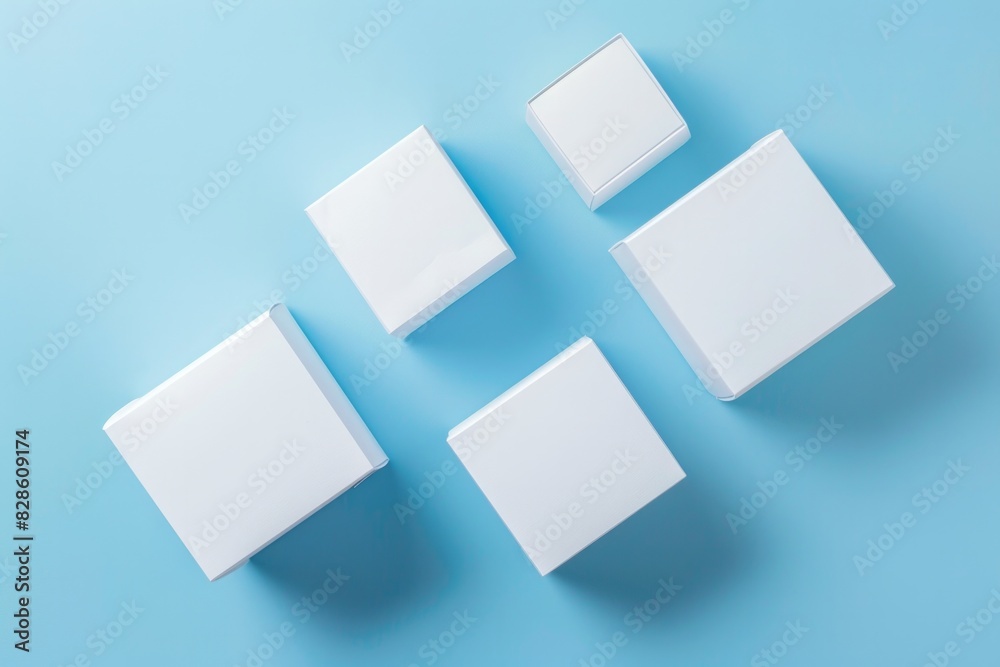 Mockup of empty white boxes of different sizes on blue background Mockup of empty white boxes of different sizes on blue background