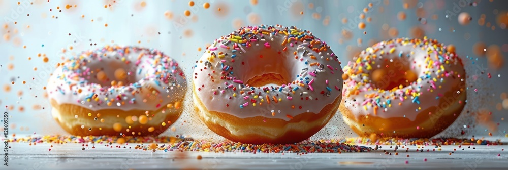 Three colorful glazed donuts with sprinkles arranged neatly on a table Three colorful glazed donuts with sprinkles arranged neatly on a table