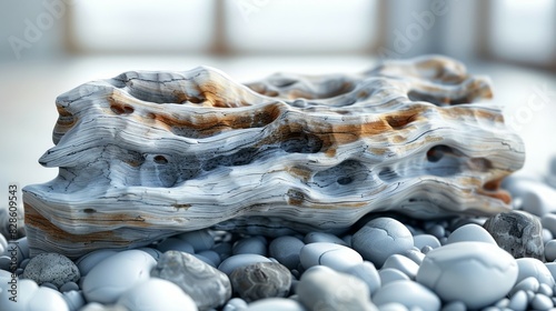 Detailed view of various rocks and pebbles arranged on a flat surface