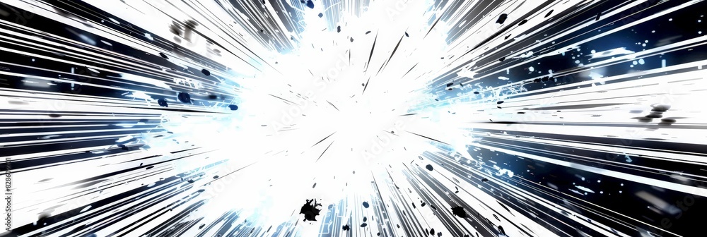 A white light with black lines radiating out from the center, creating an explosion effect in the comic book style. The white light is scattered in the center of an abstract black and white background A white light with black lines radiating out from the center, creating an explosion effect in the comic book style. The white light is scattered in the center of an abstract black and white background