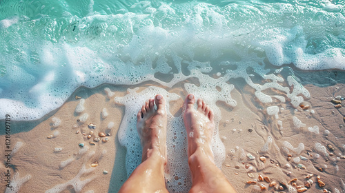 mindfulness - detail of a female feet on the beach in wave hem
 photo