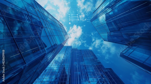 Low angle view of modern glass skyscrapers reflecting blue sky and clouds