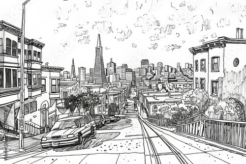 Hand Drawn San Francisco.  Generated Image.  A digital illustration of a hand drawn art scene of the city of San Francisco.