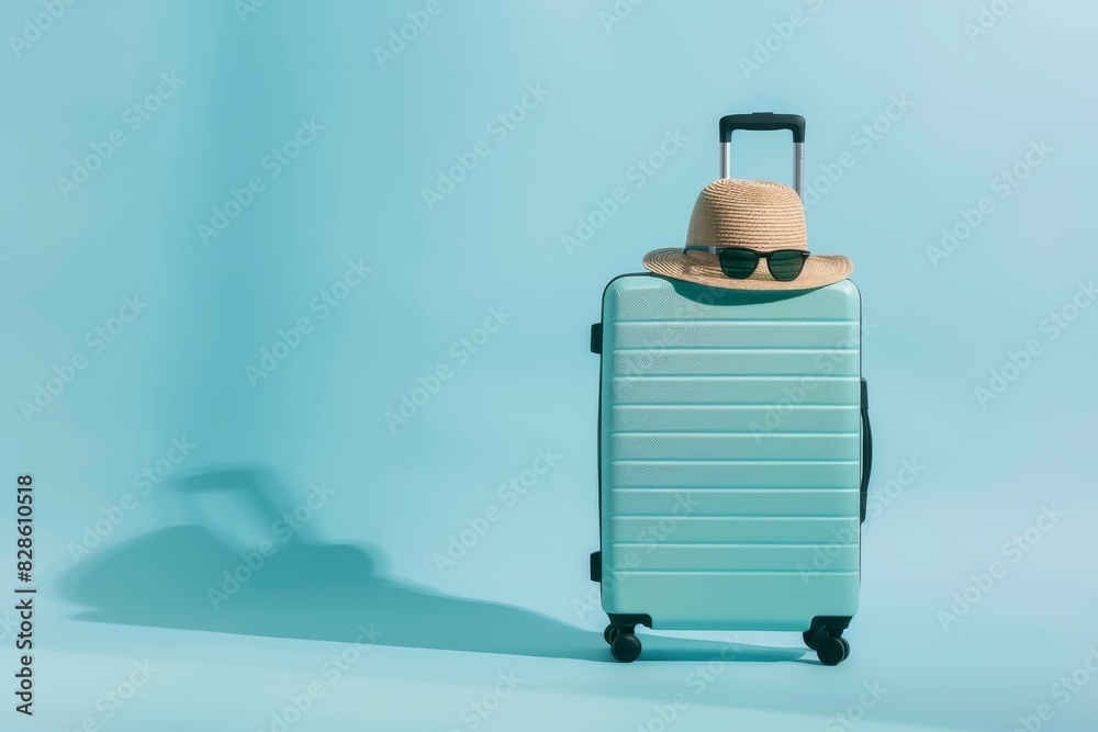 Obraz premium Minimalist Travel Scene with Shadowed Mint Green Suitcase and Hat