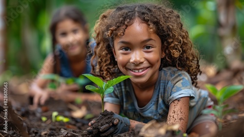 Children planting trees in a community garden  symbolizing hope and action for a greener future. Encourage environmental stewardship from a young age.