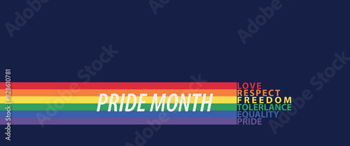 LGBTQ Pride Month poster design template background. Rainbow flags with text, Love, respect, freedom, tolerance, equality and pride. Element for social posts, banner. Vector Illustration.