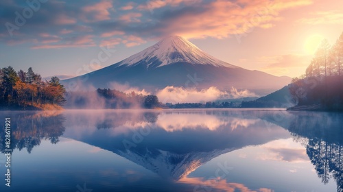 Colorful sunrise with mount and reflection in the lake. Panoramic view of mountain peak at tranquil crounch on foggy morning with trees. Natural landscape background. Travel concept.