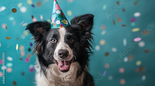 Happy smiling border collie dog wearing birthday hat with confetti on turquoise background. Happy Birthday party concept. Funny pets animals life. Copy space concept. © Vitalii