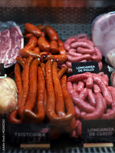 longanizas chistorra y salchichas crudas en el mercado con carne de cerdo photo