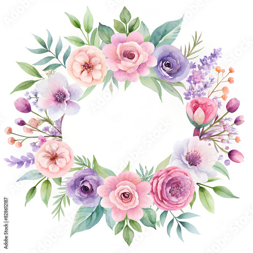 Watercolor mockup floral shop logo, pink and violet colors. White background.