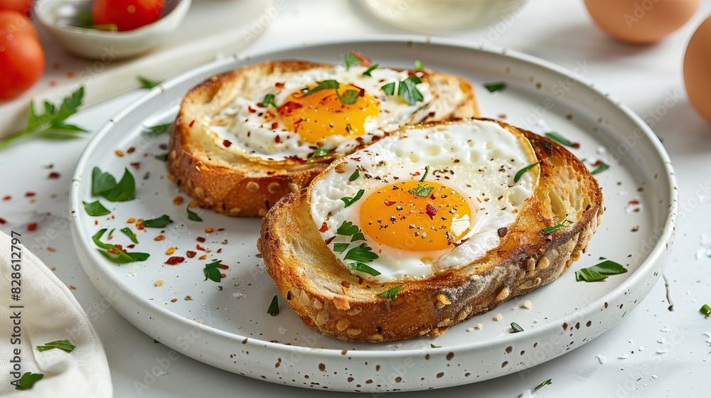 Two fried eggs on toast with parsley and chili flakes. Two fried eggs on toast with parsley and chili flakes.