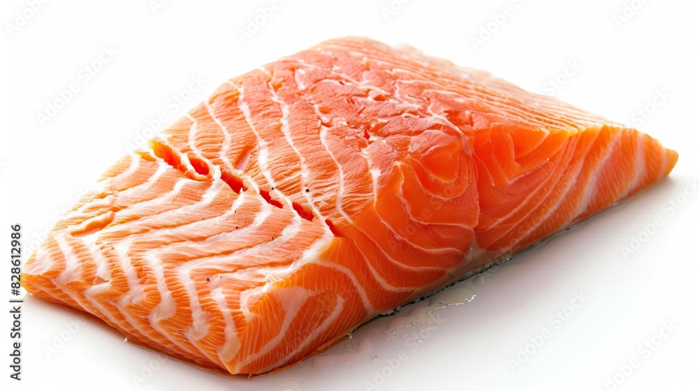 A raw salmon fillet on a white background A raw salmon fillet on a white background