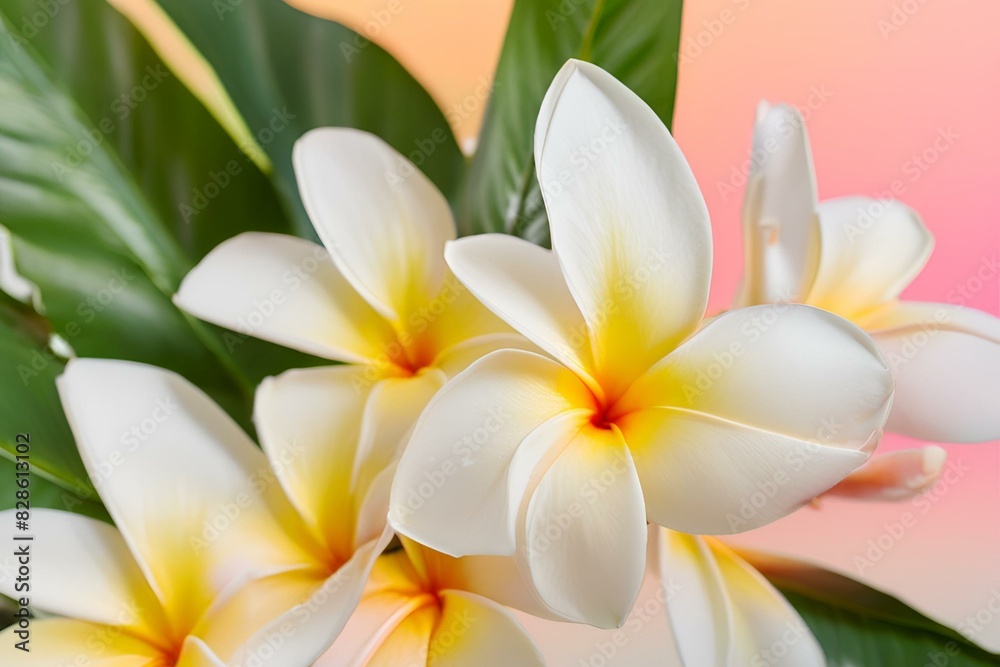 Naklejka premium Close-up of White and Yellow Plumeria Flowers, Detailed Petals, Tropical Blossom, Macro Photography, High Resolution, Nature Image, Floral Beauty