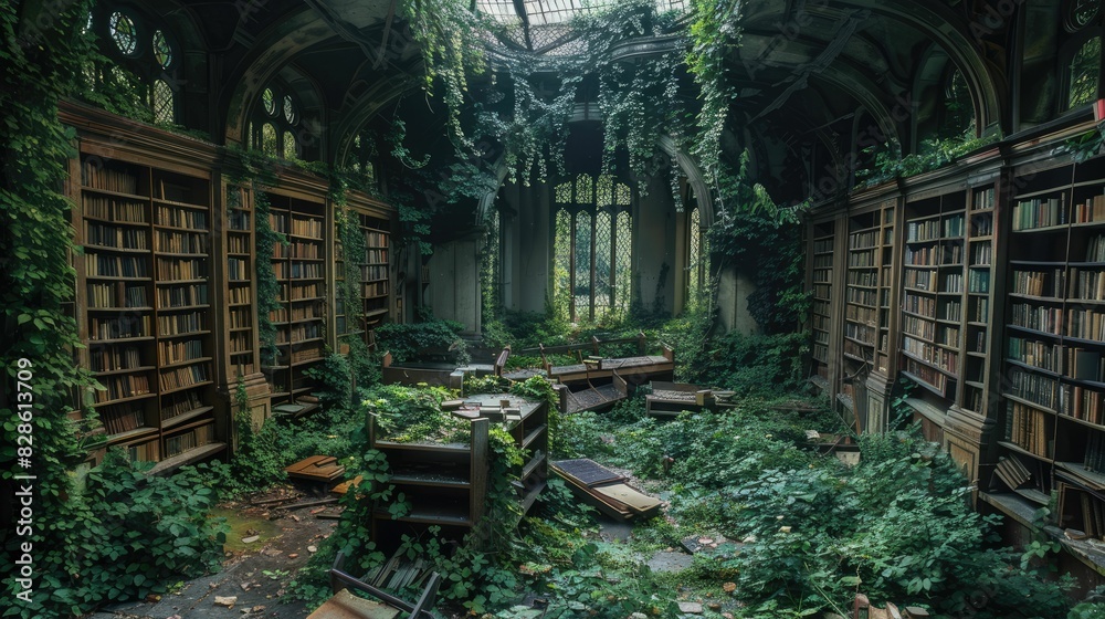 Overgrown library with plants reclaiming books and shelves under a cracked roof Overgrown library with plants reclaiming books and shelves under a cracked roof
