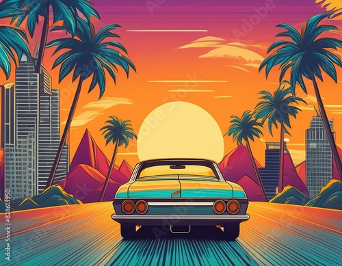 copy space, Summer vibes 80s style illustration, car driving, skyscrapers in background, comic style. Nostalic 80’s poster. 80’s background for poster. Nostalic adventure mockup. Print for T-shirt