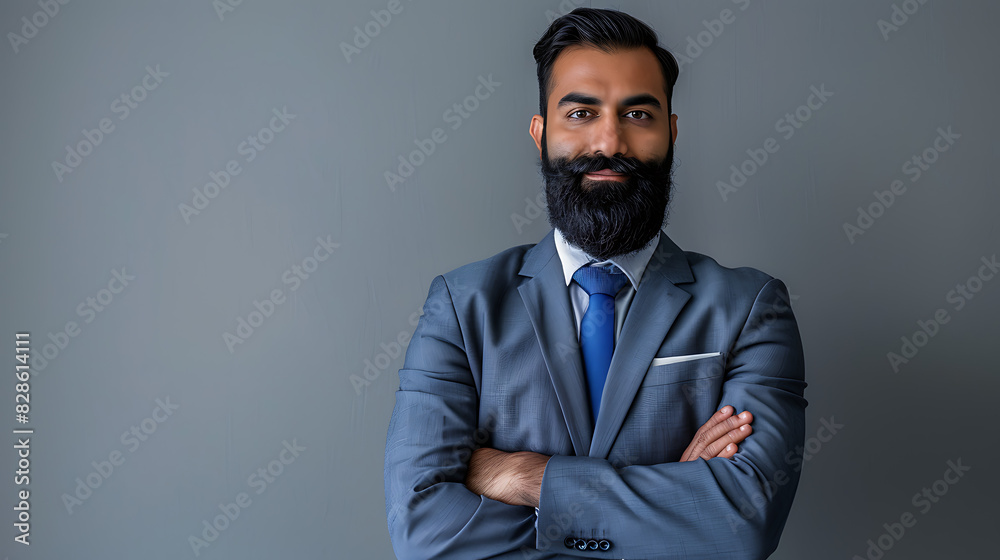 Proud and confident Indian business investor, successful ethnic CEO, corporate executive, professional lawyer, banker, or male office employee standing with arms crossed against a gray background. Por Proud and confident Indian business investor, successful ethnic CEO, corporate executive, professional lawyer, banker, or male office employee standing with arms crossed against a gray background. Por
