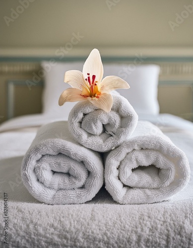 Neatly rolled white towels with a single orchid flower on top, arranged on a spa bed