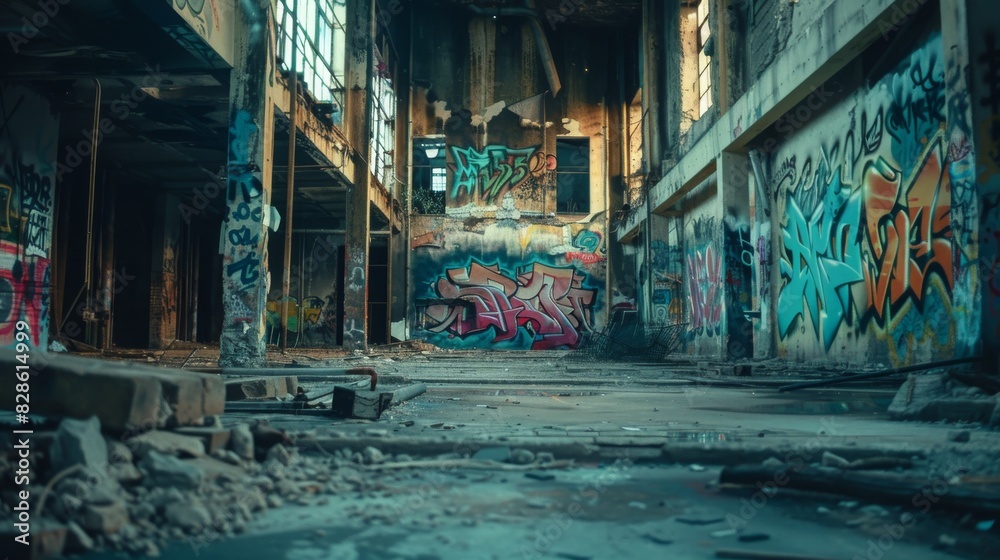 Obraz premium A graffiti covered room with a wall that says 