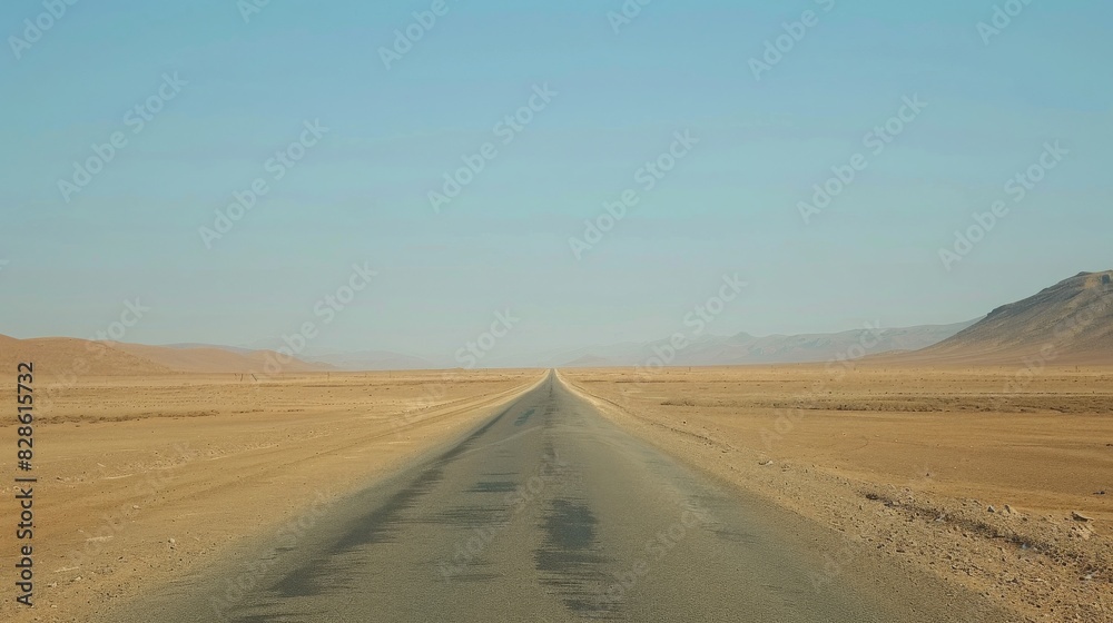 Endless Straight Desert Road Stretching into the Horizon under a Clear Blue Sky, Epitome of Solitude and Freedom in a Barren Landscape, 8K Ultra-Detail Endless Straight Desert Road Stretching into the Horizon under a Clear Blue Sky, Epitome of Solitude and Freedom in a Barren Landscape, 8K Ultra-Detail