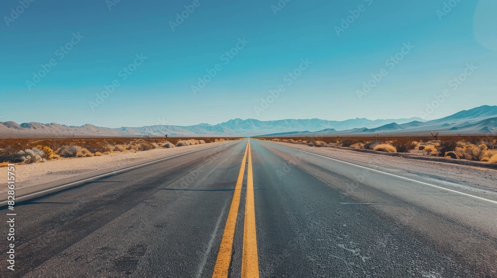 Fototapeta premium Endless Straight Desert Road Stretching into the Horizon under a Clear Blue Sky, Epitome of Solitude and Freedom in a Barren Landscape, 8K Ultra-Detail