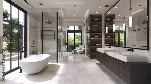 modern bathroom interior with bathroom  bathtub  wooden shelves  and a mirror