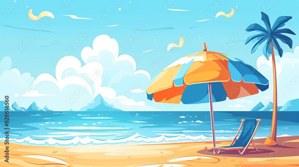 A colorful beach umbrella shades a lounge chair on a sunny beach with a palm tree and blue ocean waves.