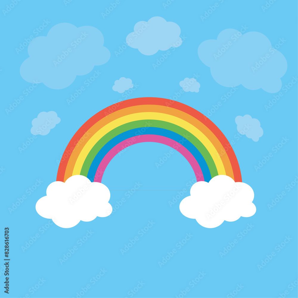 Rainbow illustration with cloud icon vector symbol isolated on blue sky background.