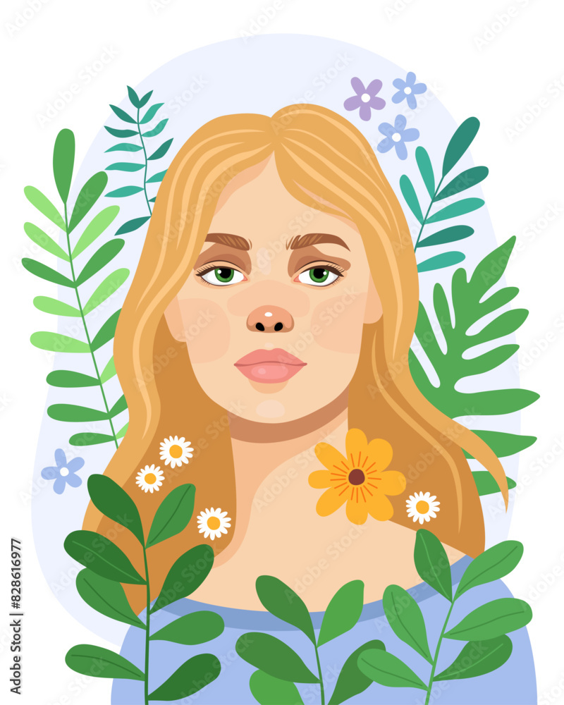 Portrait of a cute pretty blonde girl surrounded by flowers. Female portrait, vector illustration. Flowers and leaves, spring or summer illustration.  Ecological, natural concept.