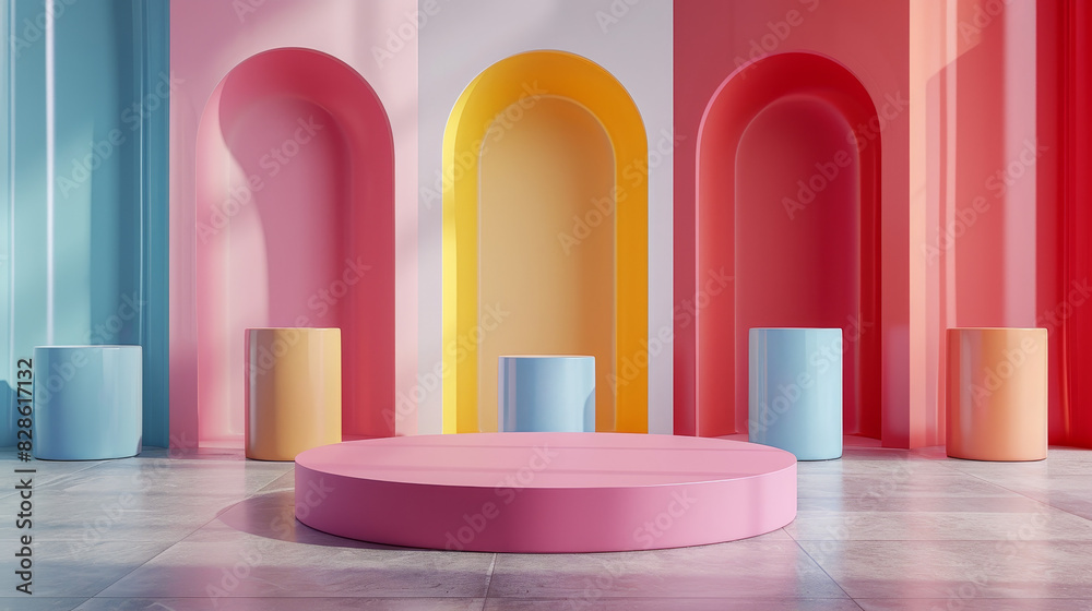 A colorful room with a pink pedestal in the middle A colorful room with a pink pedestal in the middle