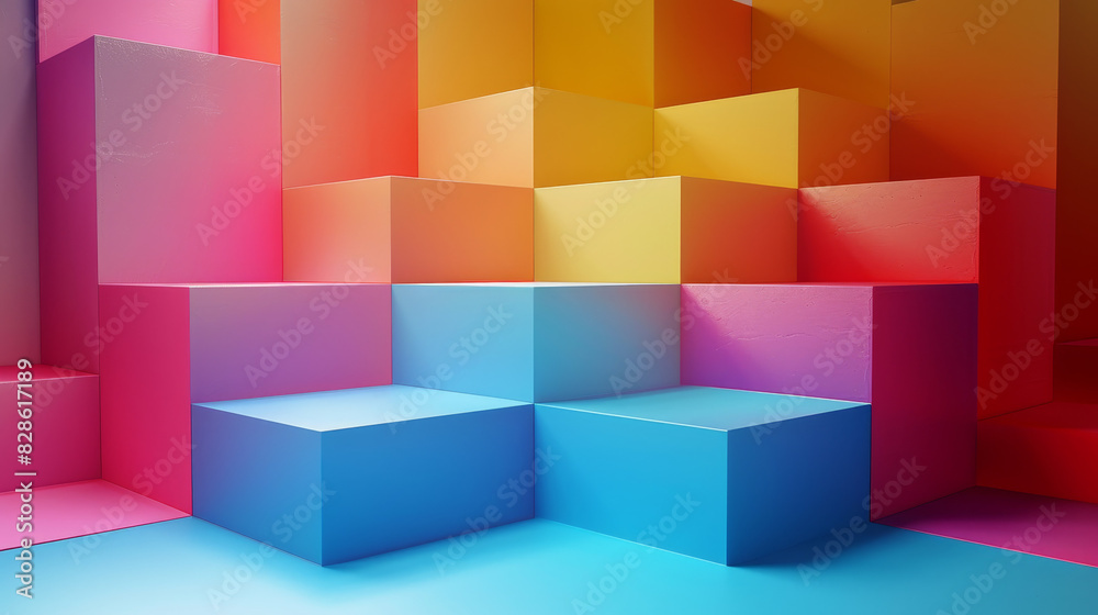 A colorful building made of blocks with a blue and pink section A colorful building made of blocks with a blue and pink section