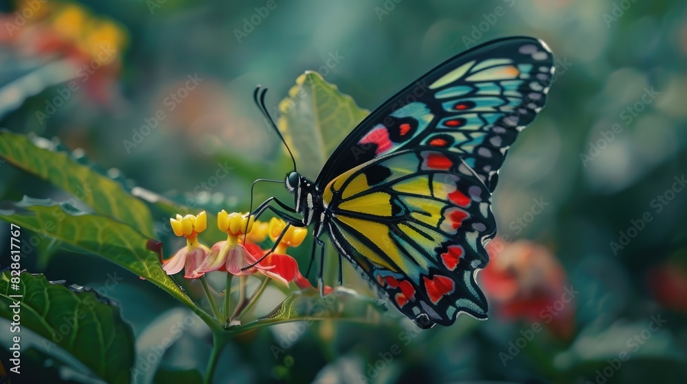 Fototapeta premium A close-up of a colorful butterfly resting on a flower, with its delicate wings spread wide. 8k, full ultra HD, high resolution, cinematic photography
