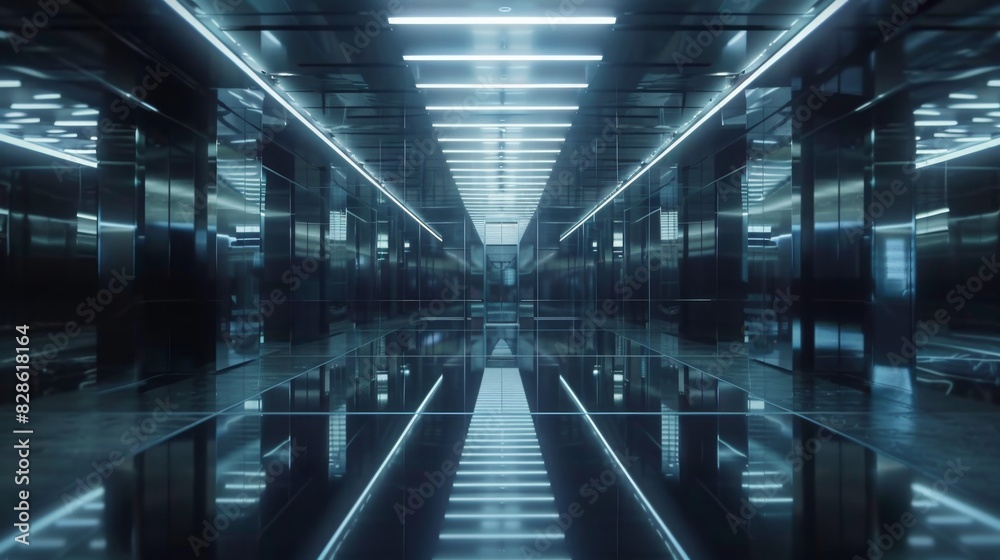 A long, dark hallway with a lot of mirrors A long, dark hallway with a lot of mirrors