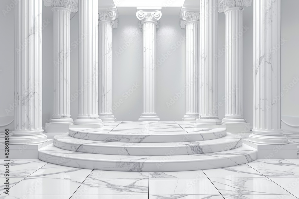 A white marble staircase and pillars in an empty, elegant hall. A white marble staircase and pillars in an empty, elegant hall.