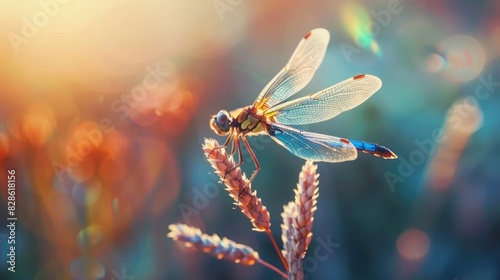 A close-up of a dragonfly perched on a reed, with its delicate wings and iridescent colors on display. 8k, full ultra HD, high resolution, cinematic photography