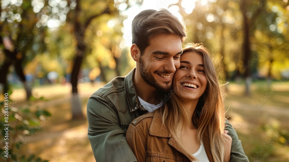Caucasian couple hugging in a park during autumn. Happy boyfriend and girlfriend outdoors. Love, couple, happiness, relationship concept Caucasian couple hugging in a park during autumn. Happy boyfriend and girlfriend outdoors. Love, couple, happiness, relationship concept